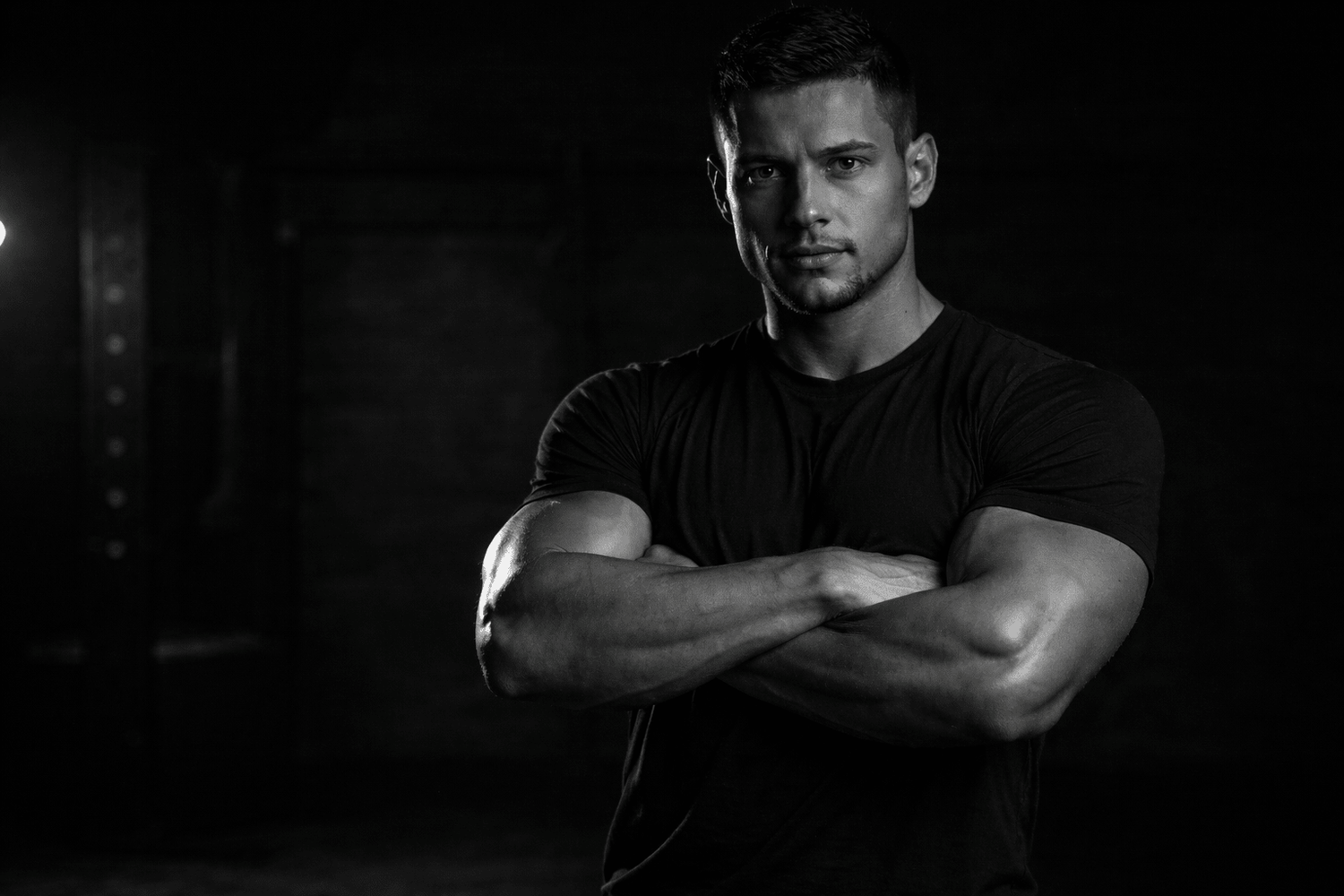 Atleta mexicano de fitness sin patrocinios en gimnasio oscuro — FSB Suplementos