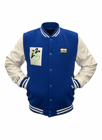 Chamarra FSB® Melton Letterman's Blue Jacket — varsity azul rey mangas blancas cobra bordada — Los de la Cobra México