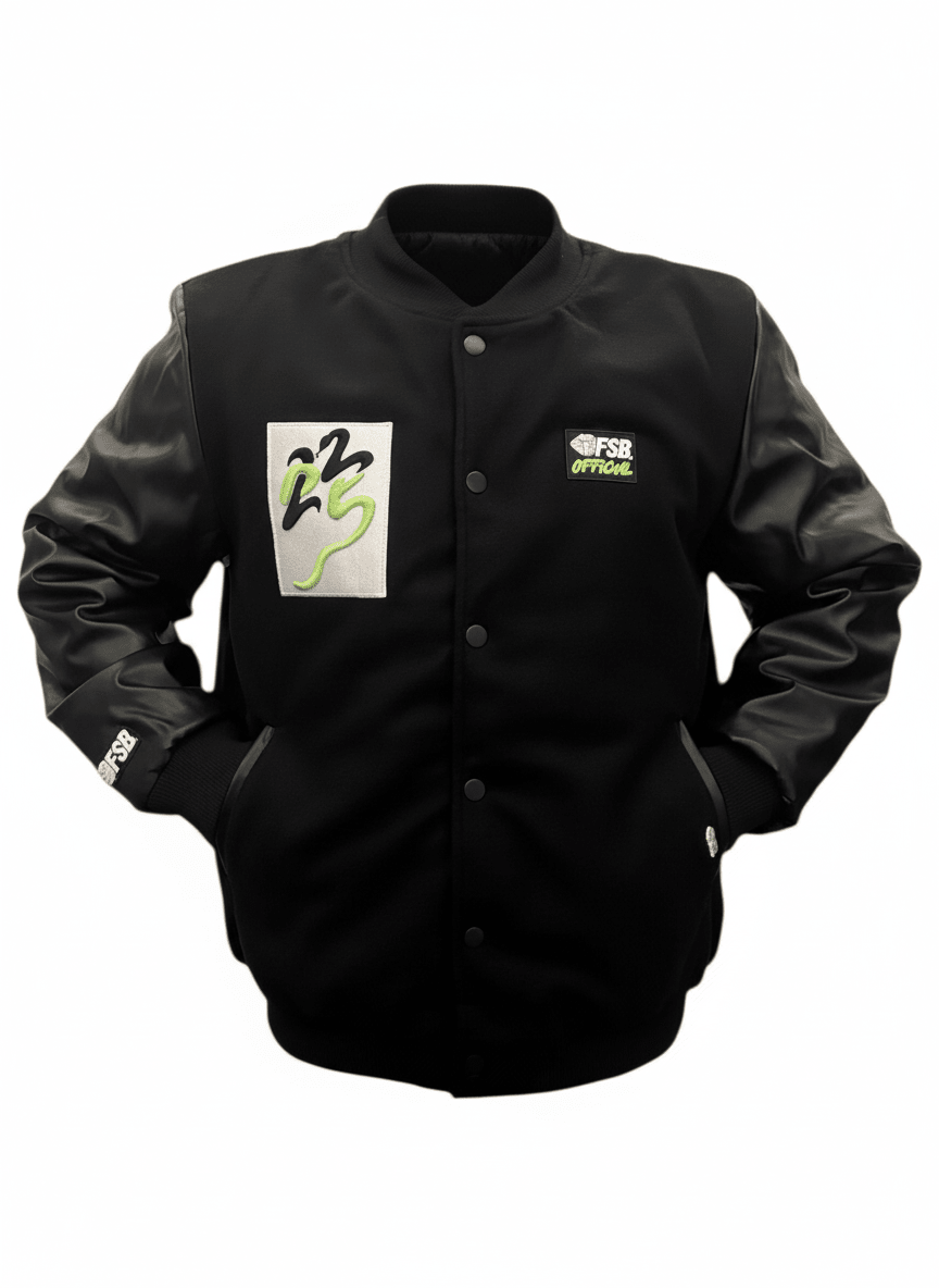 Chamarra FSB® Melton Letterman's Black Jacket — varsity negra cuerpo melton mangas vinil cobra bordada — Los de la Cobra México