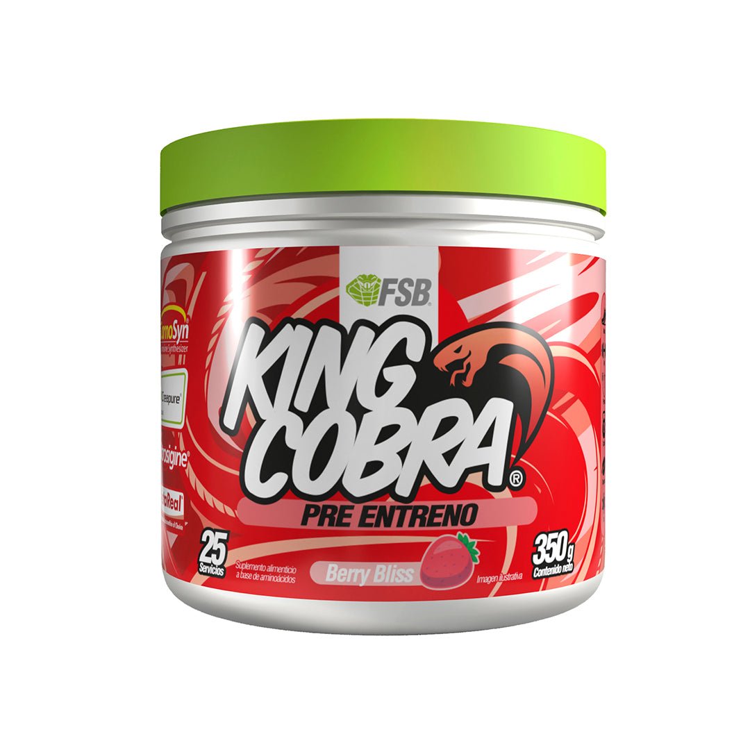 Pre Entreno King Cobra FSB Berry Bliss — 4 trademarks Nitrosigine CarnoSyn Creapure AstaReal — resistencia