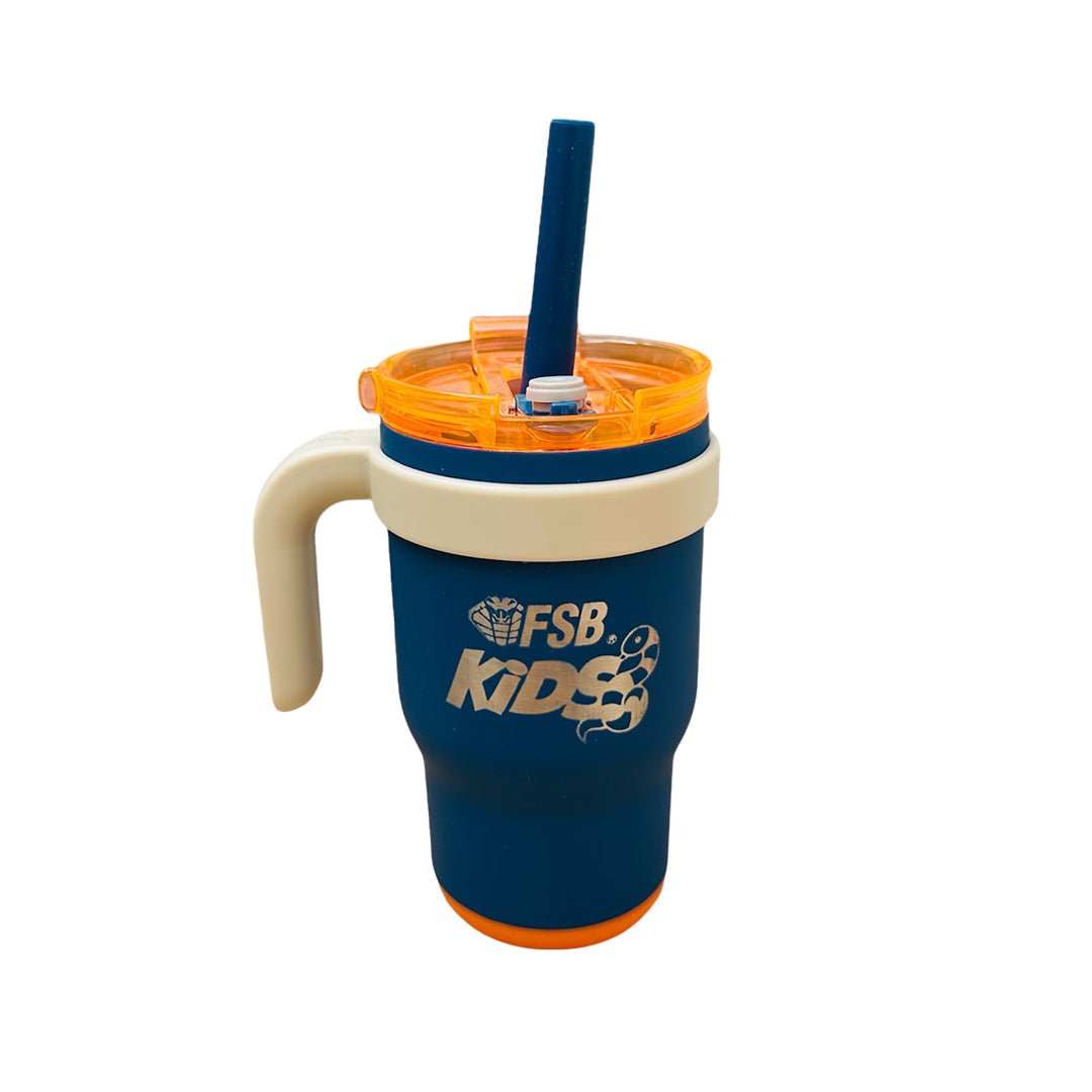 Thermo Ice Ice Baby FSB® Kids 14oz azul marino y naranja — vaso térmico con asa y popote — fsb.tienda México